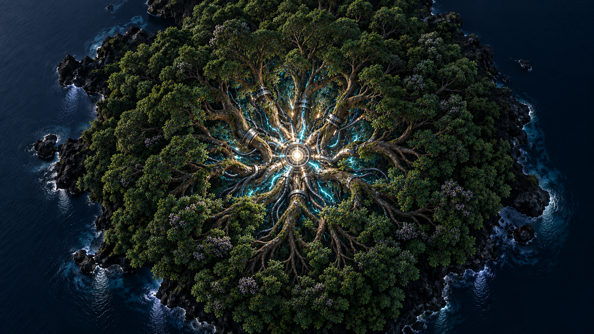 A natural forest canopy surrounds a luminous machine integrated into its central roots.