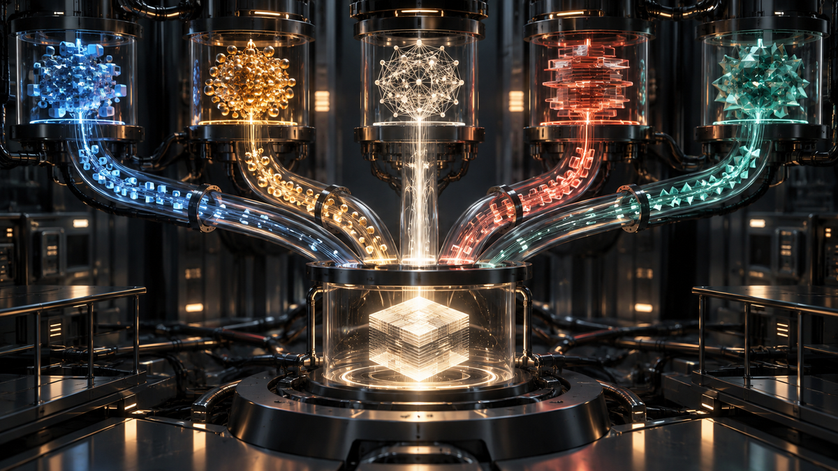 Five illuminated computational pathways converge in a dark instrument chamber.
