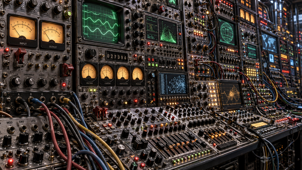 An overwhelming hybrid control console filled with gauges, screens, switches, and cables.